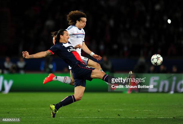 Zlatan Ibrahimovic of PSG and David Luiz of Chelsea compete for the ball during the UEFA Champions League quarter final, first leg match between...