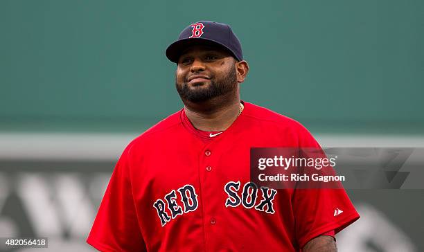 Pablo Sandoval of the Boston Red Sox walks to the dugout before a game against the Detroit Tigers at Fenway Park on July 24, 2015 in Boston,...