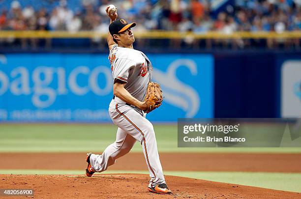 Wei-Yin Chen of the Baltimore Orioles pitches during the first inning of a game against the Tampa Bay Rays on July 26, 2015 at Tropicana Field in St....