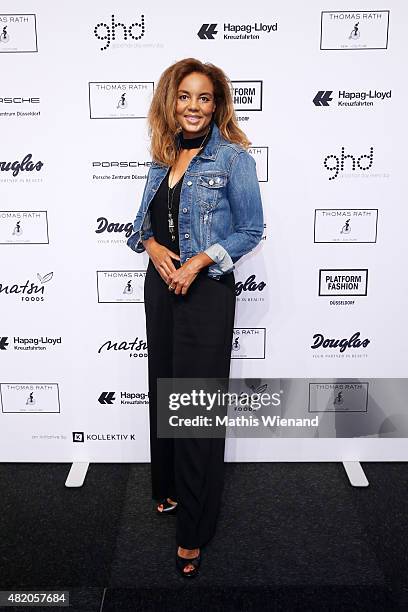 Hadiya Hohmann arrives for the Thomas Rath show during Platform Fashion July 2015 at Areal Boehler on July 26, 2015 in Duesseldorf, Germany.