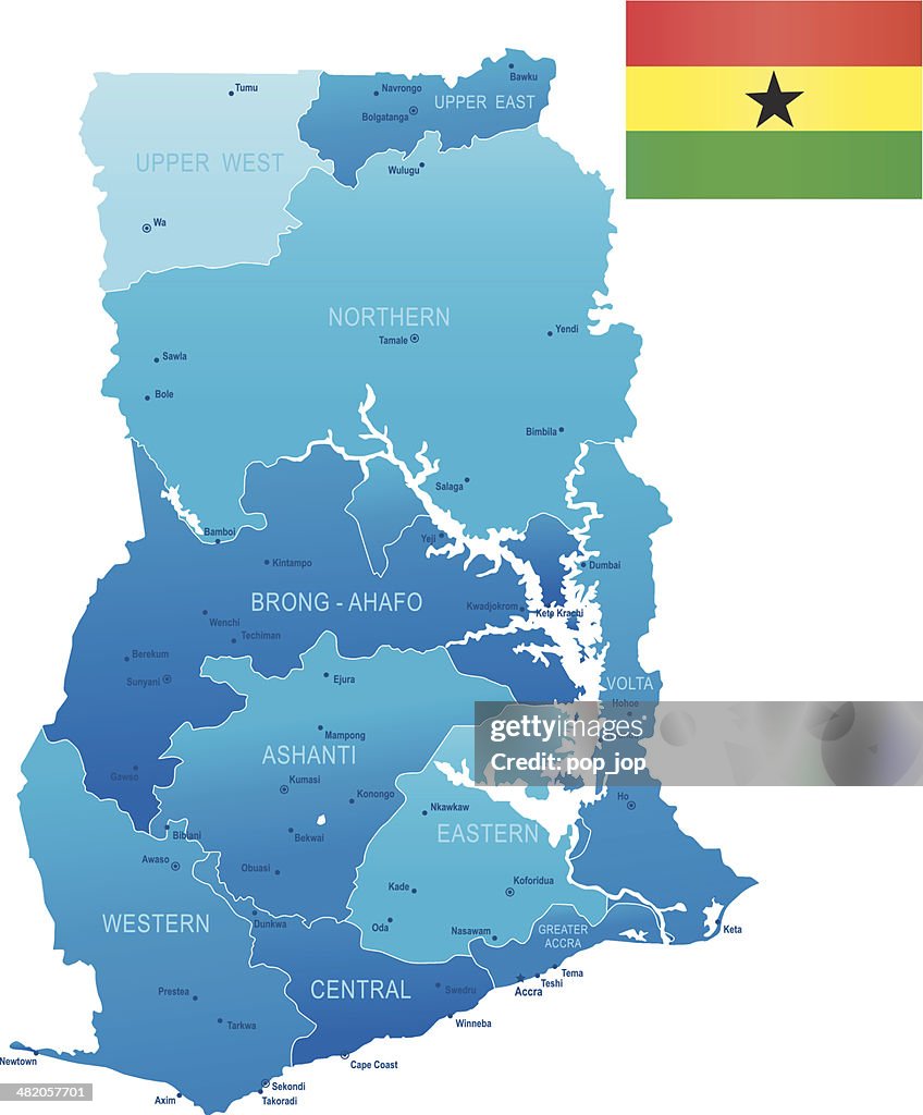 Map of Ghana - states, cities, flag and icons