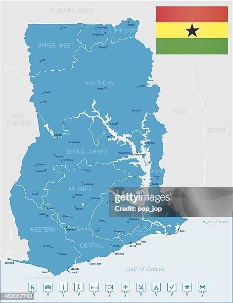 bildbanksillustrationer, clip art samt tecknat material och ikoner med map of ghana - states, cities, flag, navigation icons - accra