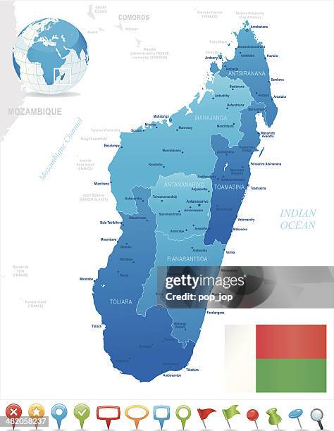 stockillustraties, clipart, cartoons en iconen met map of madagascar - states, cities, flag and icons - antananarivo