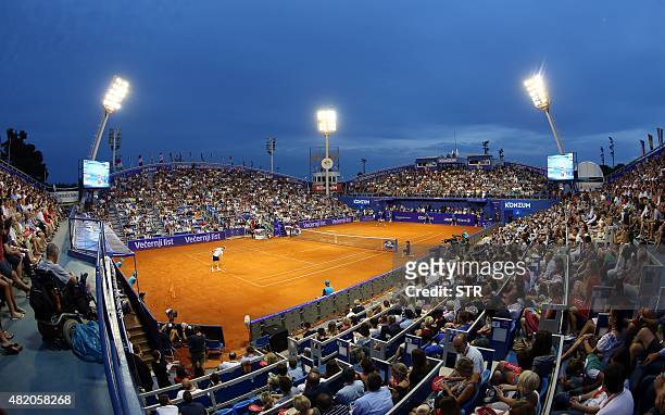 Picture taken on July 26, 2015 shows the Umag stadium during the final match of ATP Croatia Open tennis tournament between Austrian player Dominic...
