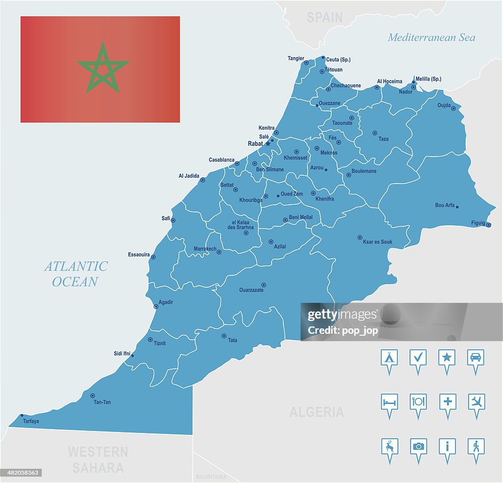 Map of Morocco - states, cities, flag, navigation icons