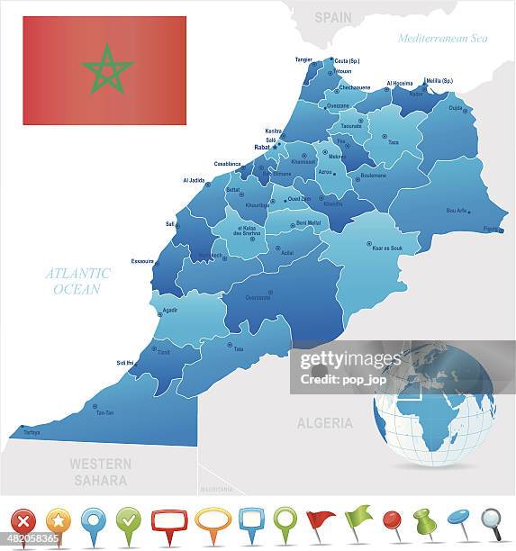 stockillustraties, clipart, cartoons en iconen met map of morocco - states, cities, flag and icons - tanga