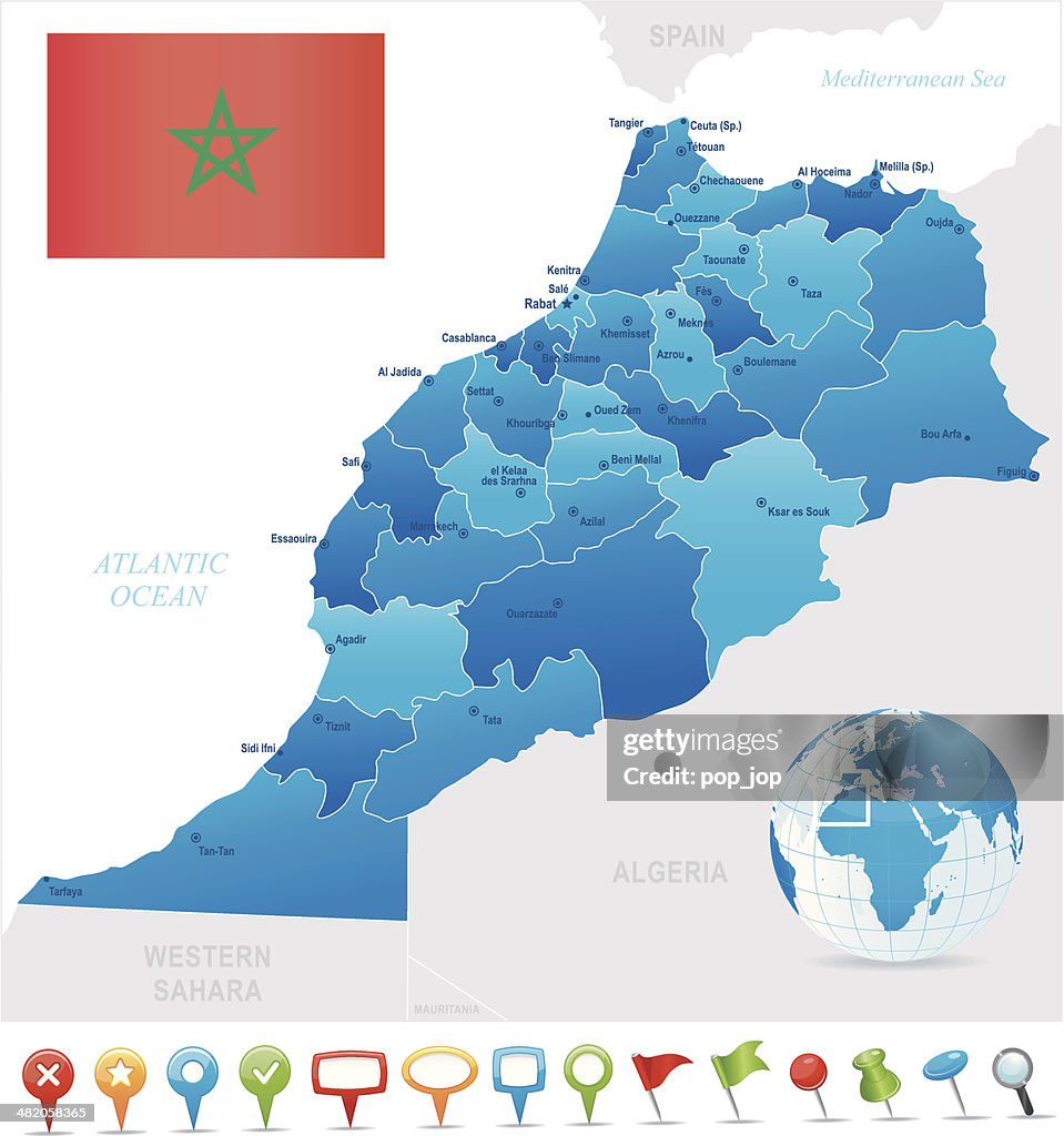 Map of Morocco - states, cities, flag and icons
