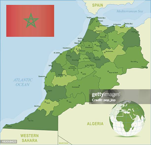 green map of morocco - states, cities and flag - casablanca morocco stock illustrations