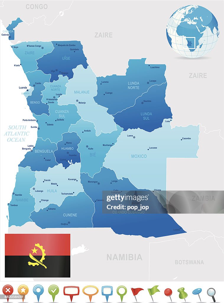 Mapa de Angola-Membros, cidades, bandeira e ícones
