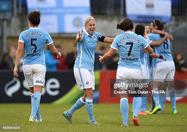 Steph Houghton of Manchester City Women celebrates won match after the FA Women's Super League match between Chelsea Ladies FC and Manchester City...