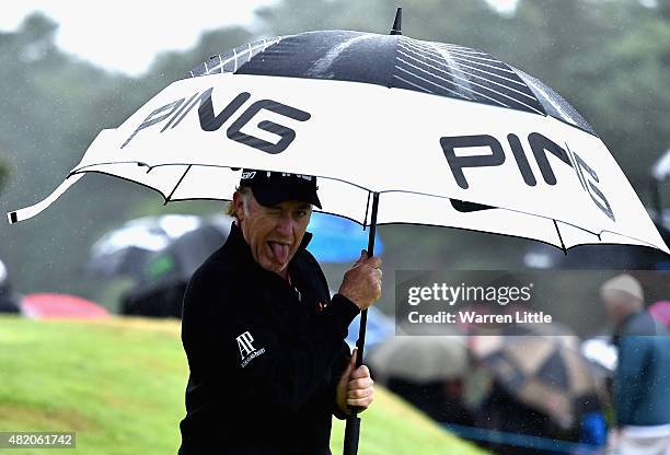 Miguel Angel Jimenez pulls a face as he leave the ninth tee box during the final round of The Senior Open Championship on the Old Course at...