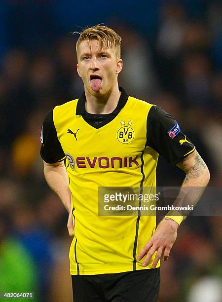 Marco Reus of Borussia Dortmund looks dejected after the UEFA Champions League Quarter Final first leg match between Real Madrid and Borussia...