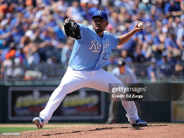 Franklin Morales of the Kansas City Royals throws in the eighth inning against the Houston Astros at Kauffman Stadium on July 26, 2015 in Kansas...