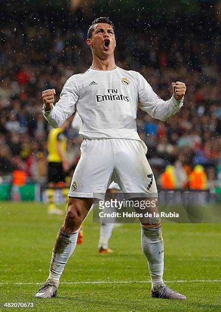 Cristiano Ronaldo of Real Madrid celebrates after scoring during the UEFA Champions League Quarter Final first leg match between Real Madrid and...