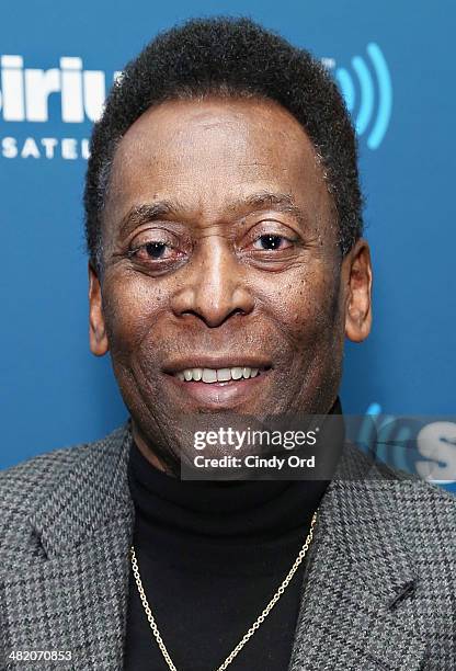 Soccer legend Pele takes part in a SiriusXM 'Town Hall' special with host Seamus Malin on SiriusXM's FC channel at the SiriusXM Studio on April 2,...