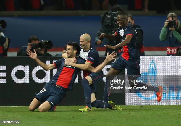 Javier Pastore of PSG celebrates his goal with teammates Christophe Jallet and Blaise Matuidi during the UEFA Champions League quarter final match...