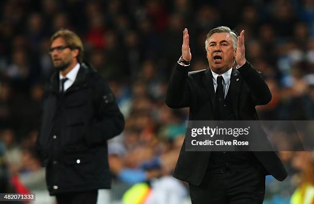 Carlo Ancelotti, coach of Real Madrid reacts with Juergen Klopp, Coach of Borussia Dortmund during the UEFA Champions League Quarter Final first leg...