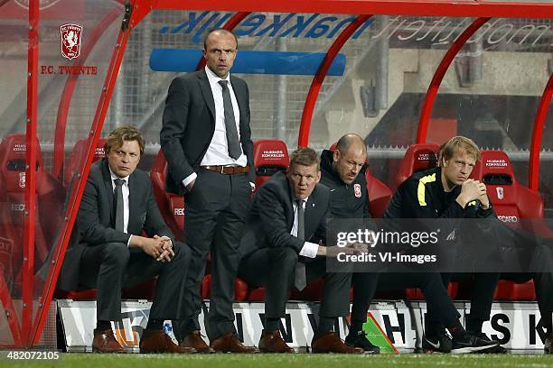 Assistant trainer Alfred Schreuder of FC Twente, Coach Michel Jansen of FC Twente during the Dutch Eredivisie match between FC Twente and Ado Den...