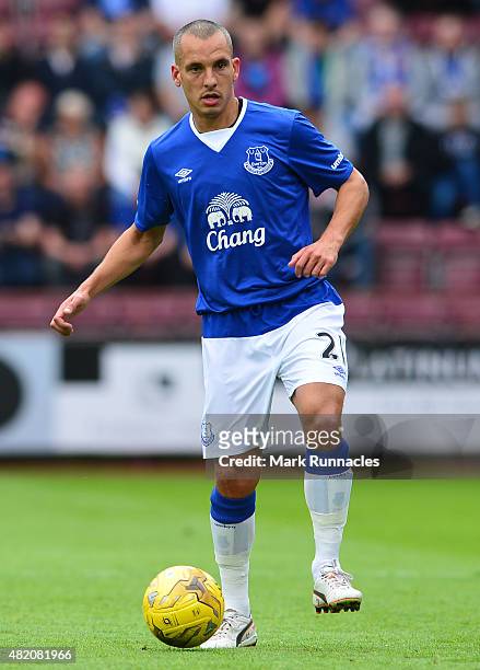 Leon Osman of Everton in action during a pre season friendly match between Heart of Midlothian and Everton FC at Tynecastle Stadium on July 26, 2015...