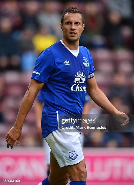 Phil Jagielka of Everton in action during a pre season friendly match between Heart of Midlothian and Everton FC at Tynecastle Stadium on July 26,...