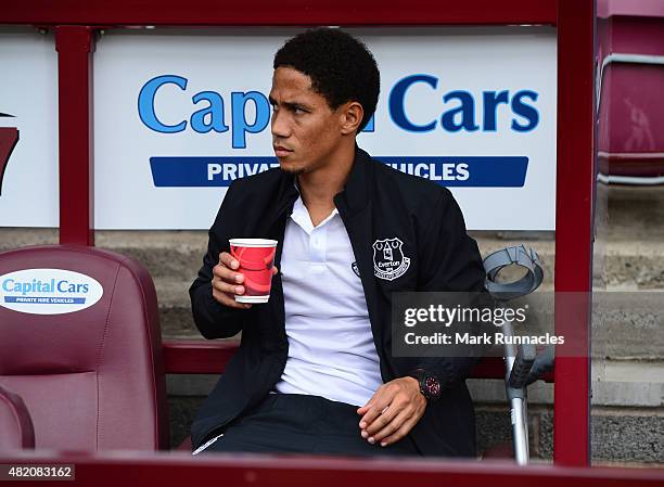 Steven Pienaar of Everton sits on the bench injured during a pre season friendly match between Heart of Midlothian and Everton FC at Tynecastle...