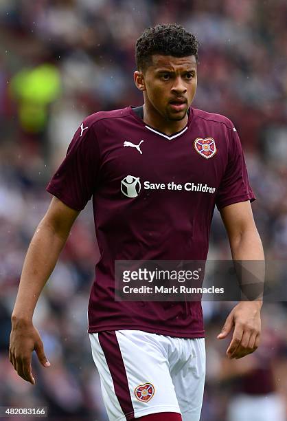 Osman Sow of Hearts in action during a pre season friendly match between Heart of Midlothian and Everton FC at Tynecastle Stadium on July 26, 2015 in...