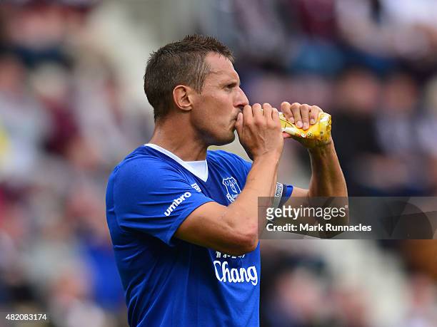 Phil Jagielka of Everton in action during a pre season friendly match between Heart of Midlothian and Everton FC at Tynecastle Stadium on July 26,...