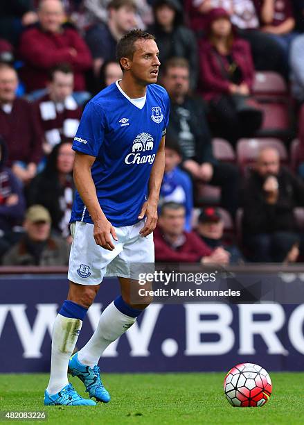 Phil Jagielka of Everton in action during a pre season friendly match between Heart of Midlothian and Everton FC at Tynecastle Stadium on July 26,...