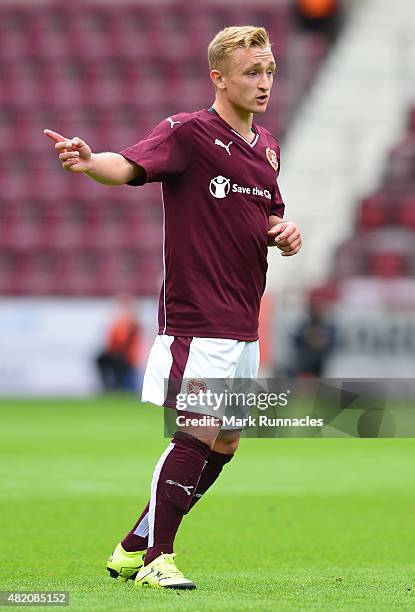 Sean McKirdy of Hearts in action during a pre season friendly match between Heart of Midlothian and Everton FC at Tynecastle Stadium on July 26, 2015...