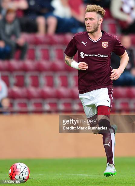 Jordan McGhee of Hearts in action during a pre season friendly match between Heart of Midlothian and Everton FC at Tynecastle Stadium on July 26,...