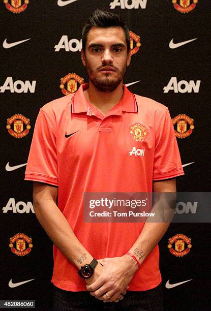 Sergio Romero of Manchester United poses after signing for the club on July 26, 2015 in San Jose, California.