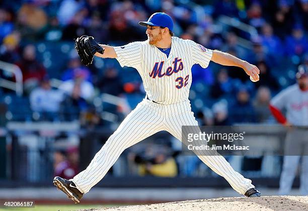 John Lannan of the New York Mets in action against the Washington Nationals during their Opening Day game at Citi Field on March 31, 2014 in the...