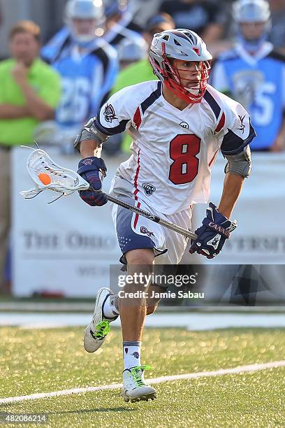 Brent Adams of the Boston Cannons controls the ball against the Ohio Machine on July 25, 2015 at Selby Stadium in Delaware, Ohio.