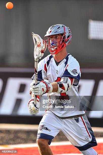 Will Manny of the Boston Cannons controls the ball against the Ohio Machine on July 25, 2015 at Selby Stadium in Delaware, Ohio.