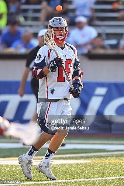 Ryan Tucker of the Boston Cannons controls the ball against the Ohio Machine on July 25, 2015 at Selby Stadium in Delaware, Ohio.