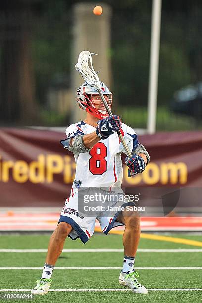 Brent Adams of the Boston Cannons controls the ball against the Ohio Machine on July 25, 2015 at Selby Stadium in Delaware, Ohio.