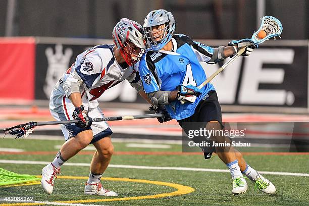 Jimmy Bitter of the Ohio Machine controls the ball against the Boston Cannons on July 25, 2015 at Selby Stadium in Delaware, Ohio.