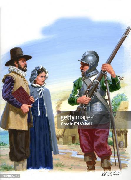 Painting depicting Commander of the Plymouth Colony Militia, Myles Standish talking to fellow Pilgrims in 1621 in Plymouth Colony, Massachusetts.