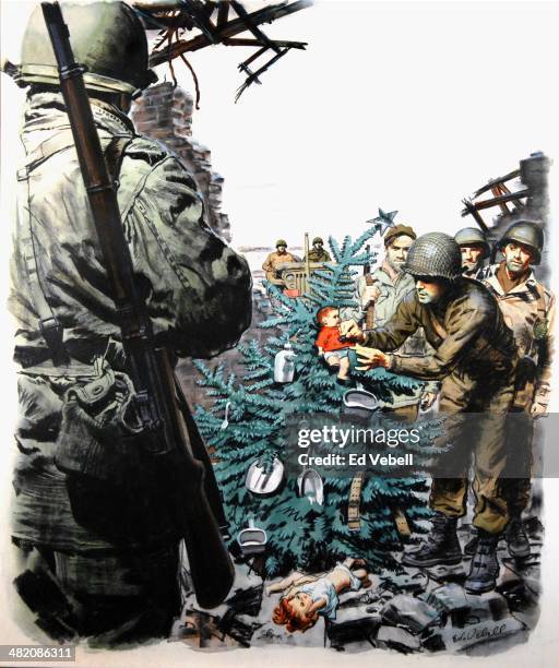 Painting for the US Army "Stars and Stripes" newspaper shows US Army soldiers decorating a Chrstmas tree in the besieged town of Bastogne during the...