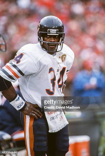 Walter Payton of the Chicago Bears prowls the sidelines during the Conference Championship game against the San Francisco 49ers played on January 6,...