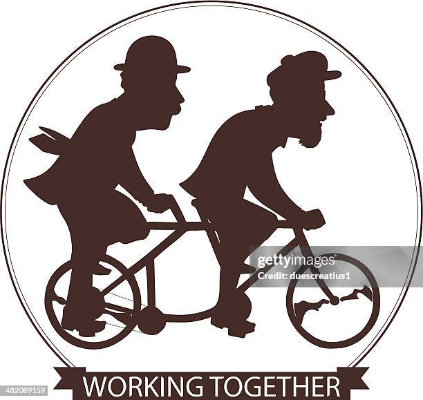 two men riding on a tandem bicycle - working together - two people biking stock illustrations