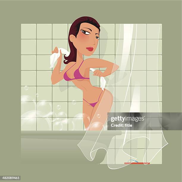 illustrations, cliparts, dessins animés et icônes de fille dans la salle de bains - rideau de douche