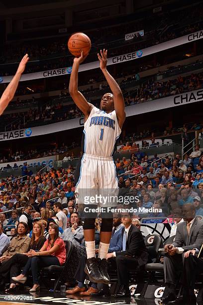 Doron Lamb of the Orlando Magic shoots the ball against the Cleveland Cavaliers during the game on April 2, 2014 at Amway Center in Orlando, Florida....