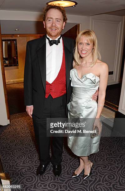 Adam Speers and Beth Cordingly attend an after party following the press night performance of "Dirty Rotten Scoundrels" at The Savoy Hotel on April...