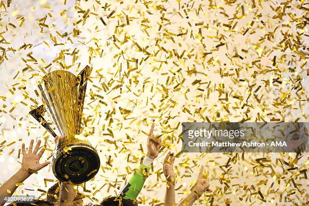 Andres Guardado of Mexico lifts The CONCACAF Gold Cup Trophy after the 2015 CONCACAF Gold Cup Final match between Jamaica and Mexico at Lincoln...