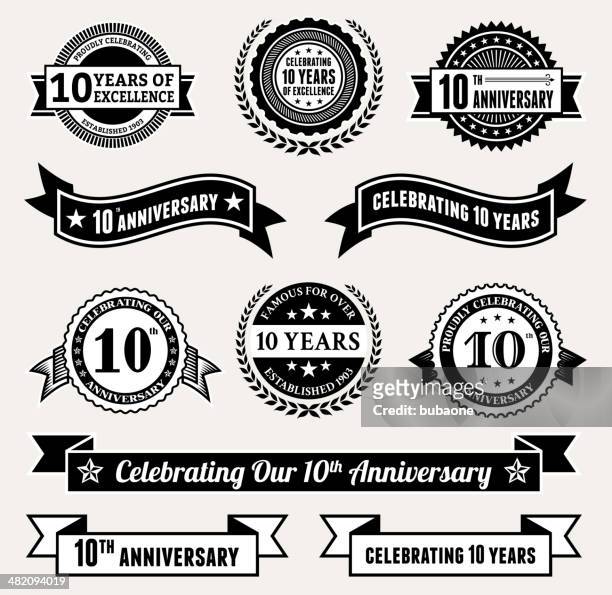 stockillustraties, clipart, cartoons en iconen met anniversary badge collection black and white royalty-free vector icon set - 10 11 jaar