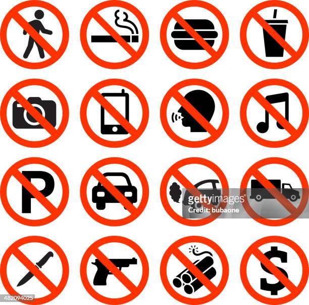 illustrazioni stock, clip art, cartoni animati e icone di tendenza di proibizione segno non è permesso mangiare e non fumatori - armi
