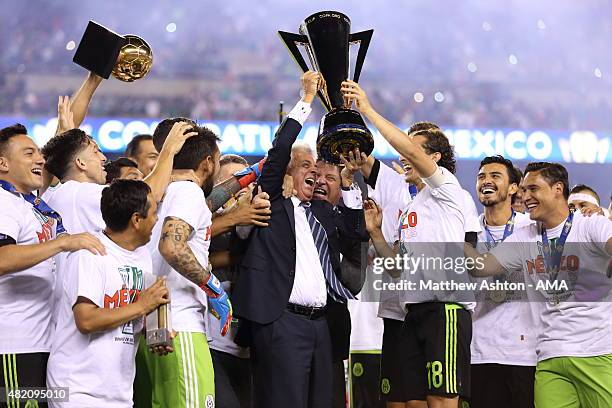 Justino Compean the President of the Mexico Football Federation celebrates with the The CONCACAF Gold Cup Trophy after the 2015 CONCACAF Gold Cup...