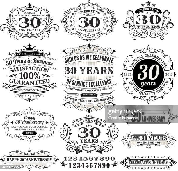 black and white anniversary labels - 30 34 years stock illustrations
