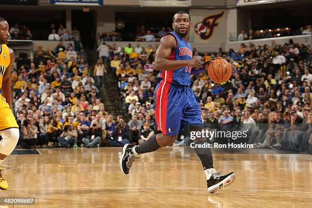 Will Bynum of the Detroit Pistons handles the ball against the Indiana Pacers at Bankers Life Fieldhouse on April 2, 2014 in Indianapolis, Indiana....